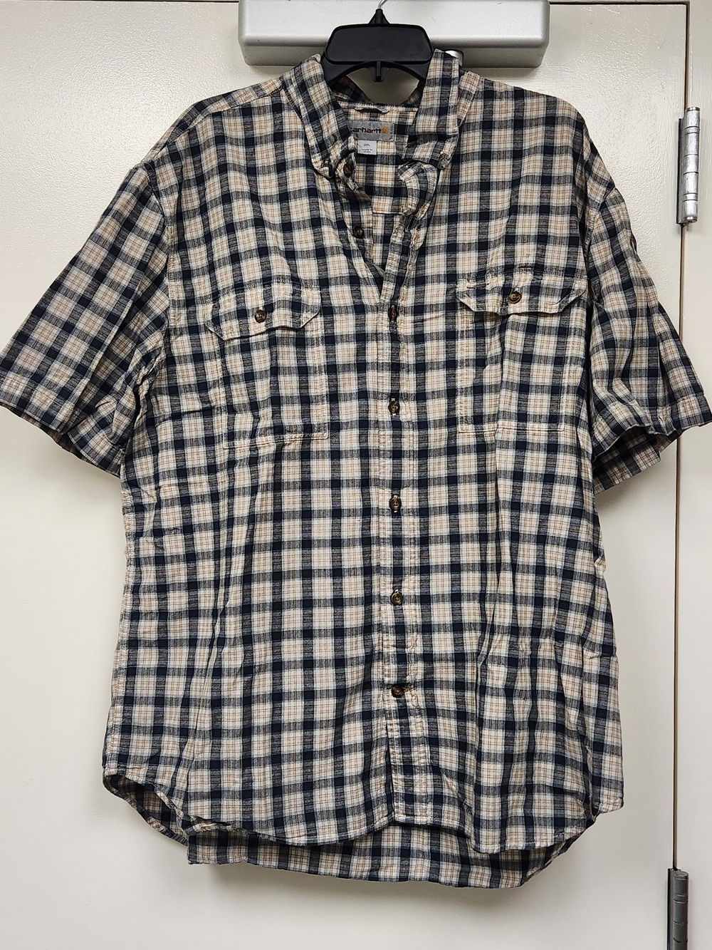 Carhartt Short-Sleeve Plaid Button-Down Shirt in Navy and Cream